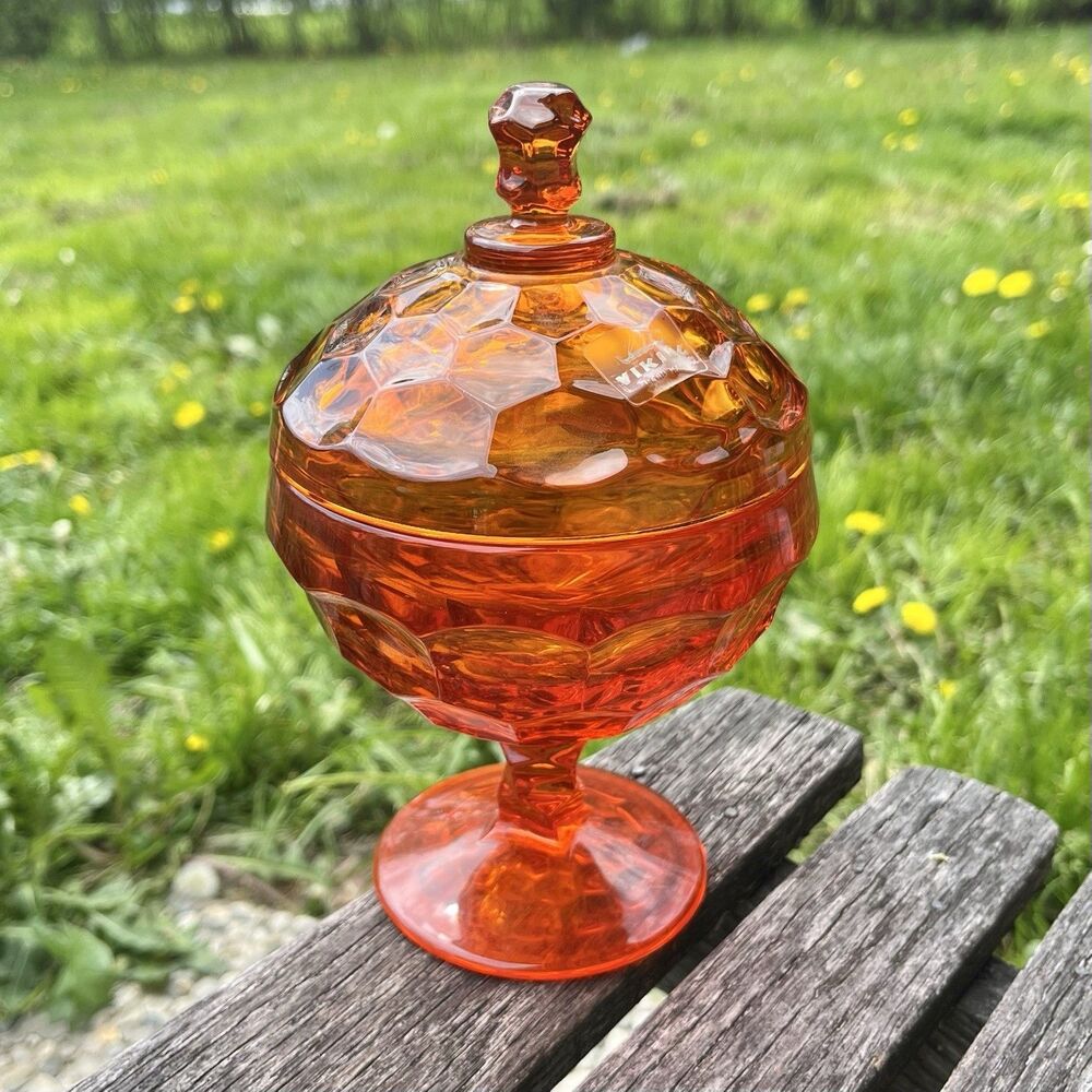 Vintage Viking Glass Georgian Persimmon Orange Candy Dish Lidded